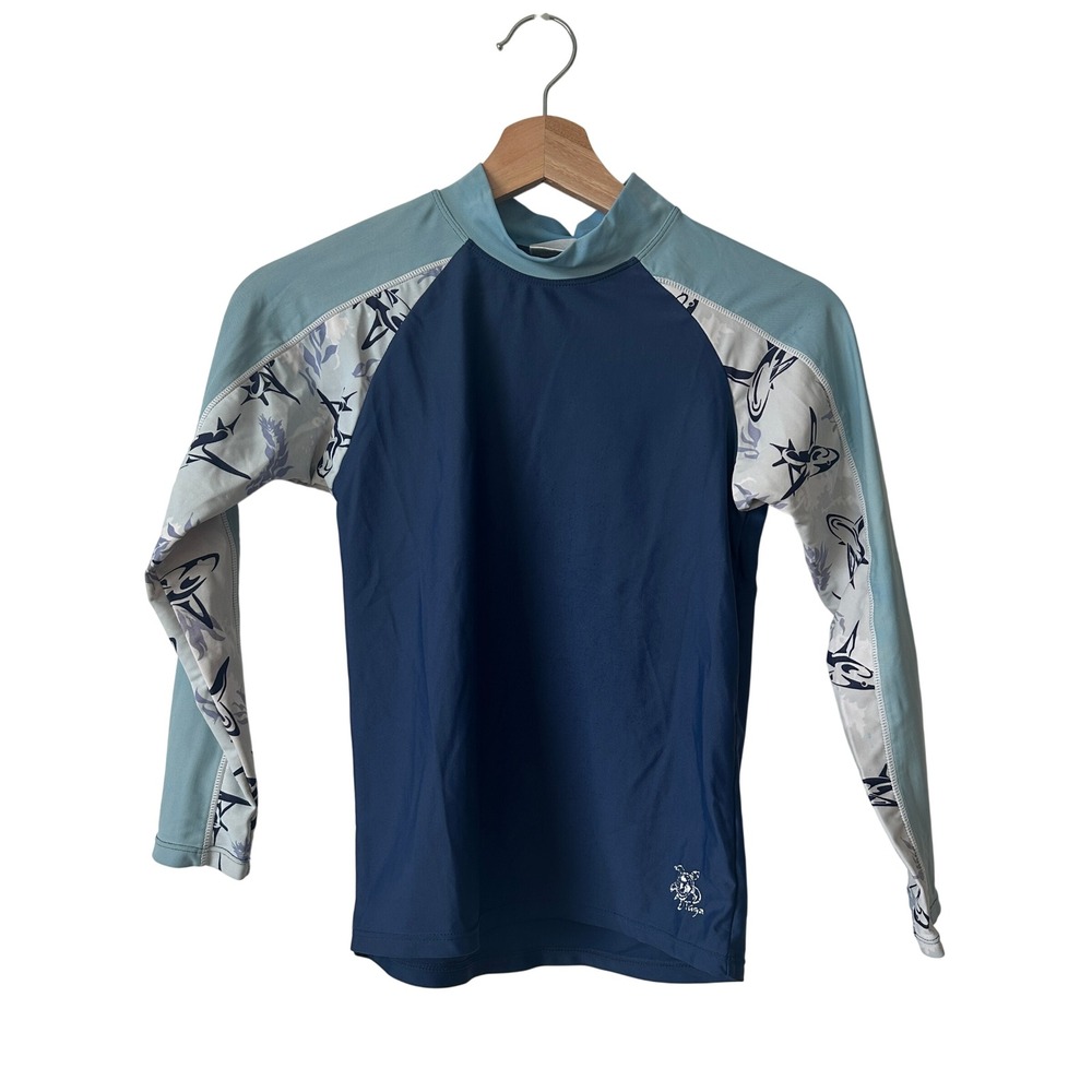 Tuga Kids Long Sleeve Rash Guard Swim Shirt Blue Shark Print Size 8/10 Years